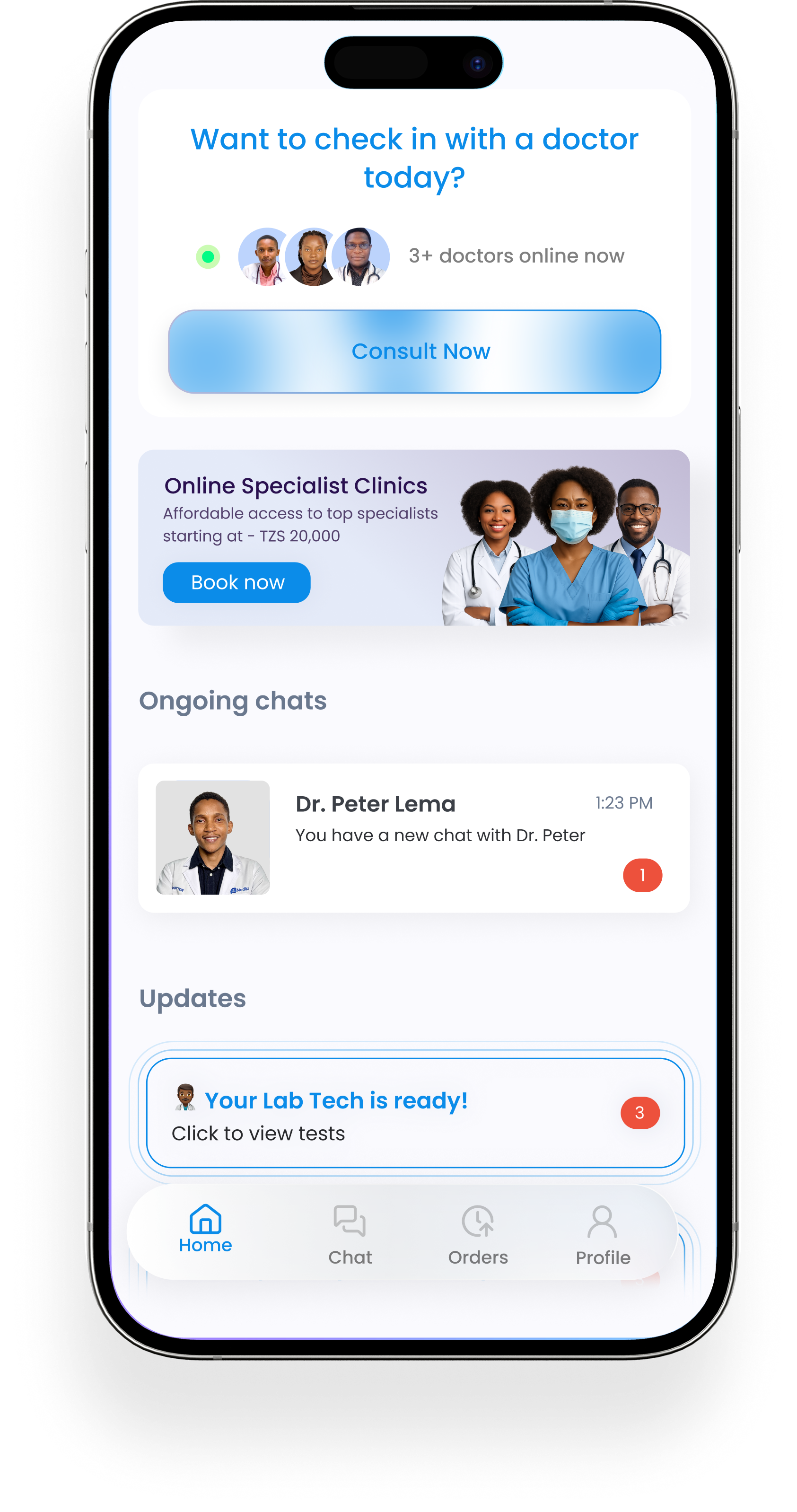 The Medikea app showing doctor check-in, specialist clinics and ongoing chats